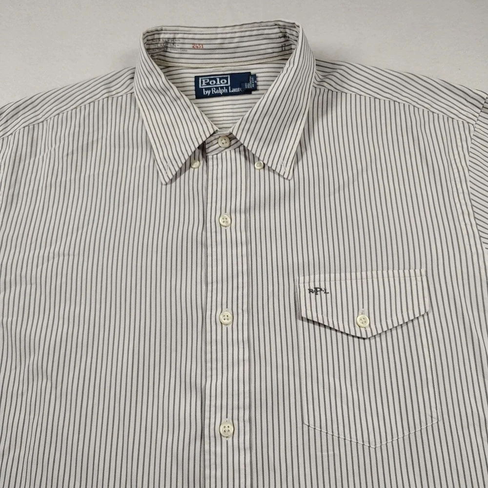 Polo Ralph Lauren Mens XL Striped Button Down Shirt Grey White Flap Pocket RPL